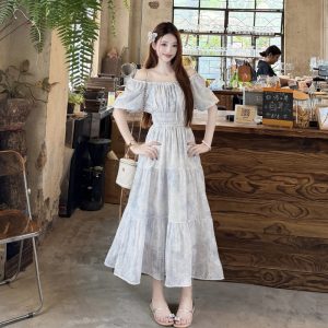 French Floral Chiffon A-Line Plus Size Dress with Short Bubble Sleeves