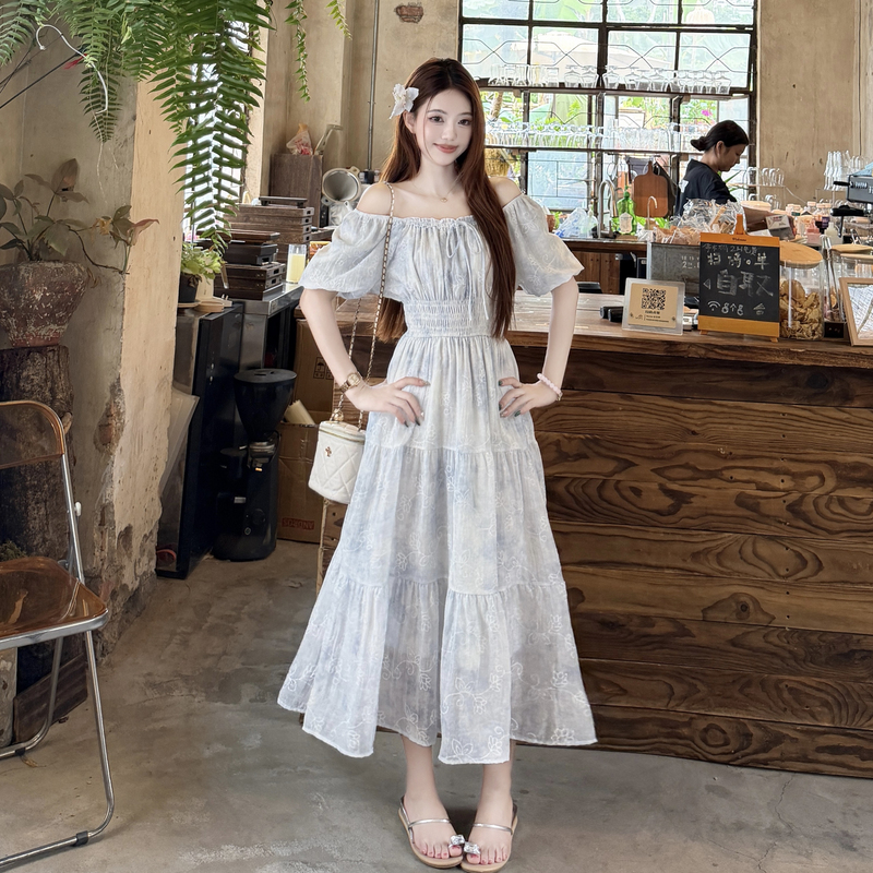 French Floral Chiffon A-Line Plus Size Dress with Short Bubble Sleeves