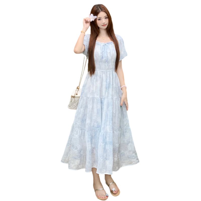 French Floral Chiffon A-Line Plus Size Dress with Short Bubble Sleeves - Image 5