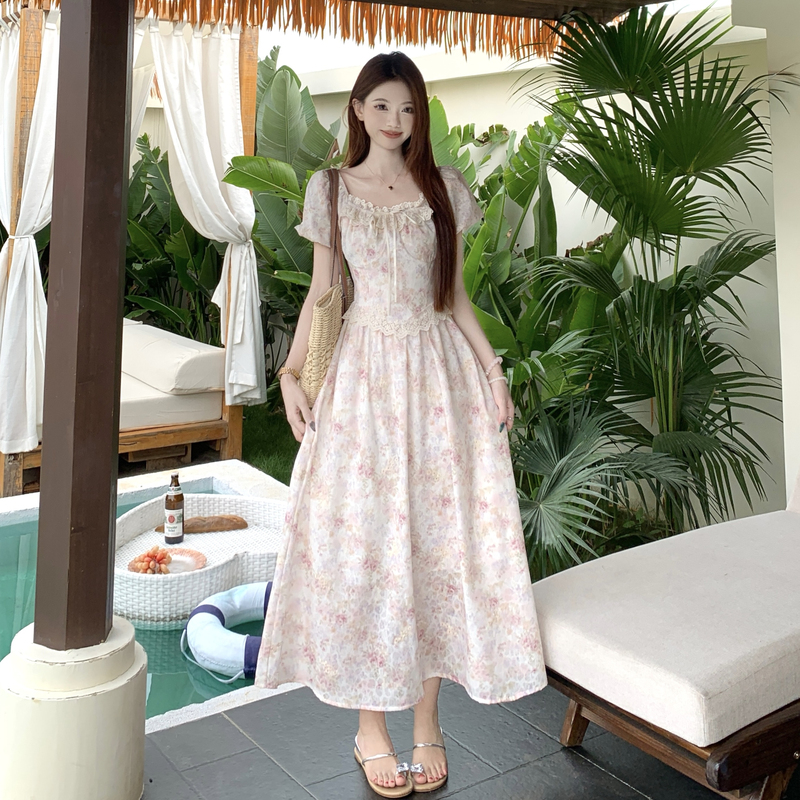 Plus Size Floral Bubble Sleeve A-Line Dress for Women Summer Sweet Style