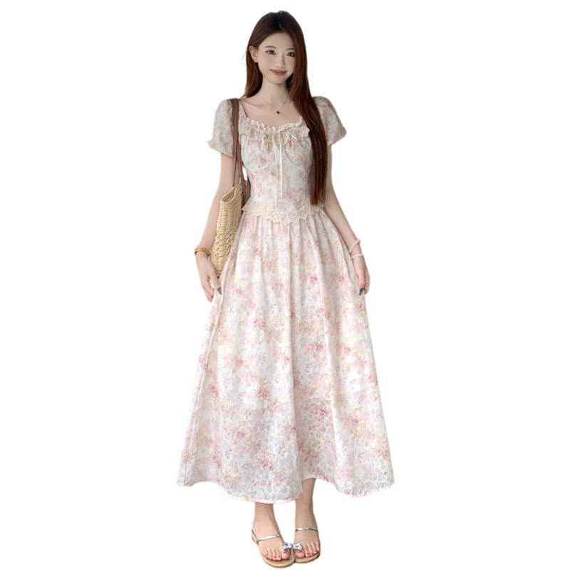 Plus Size Floral Bubble Sleeve A-Line Dress for Women Summer Sweet Style - Image 5