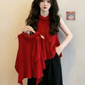 Red Halter Ruffle Loose Cami Top for Women 2026 Summer Slimming Unique