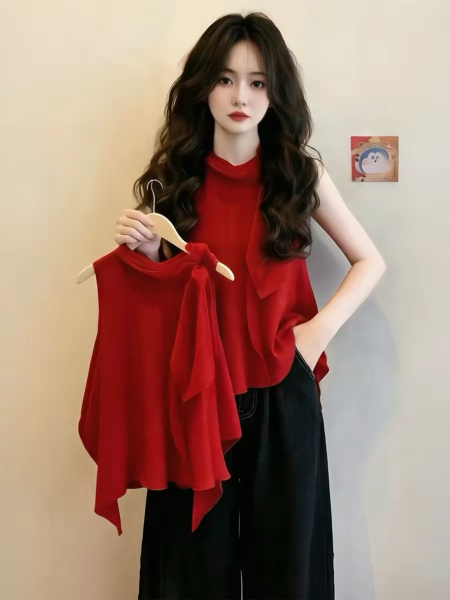 Red Halter Ruffle Loose Cami Top for Women 2026 Summer Slimming Unique