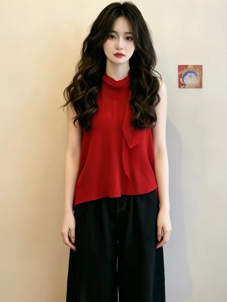 Red Halter Ruffle Loose Cami Top for Women 2026 Summer Slimming Unique - Image 2