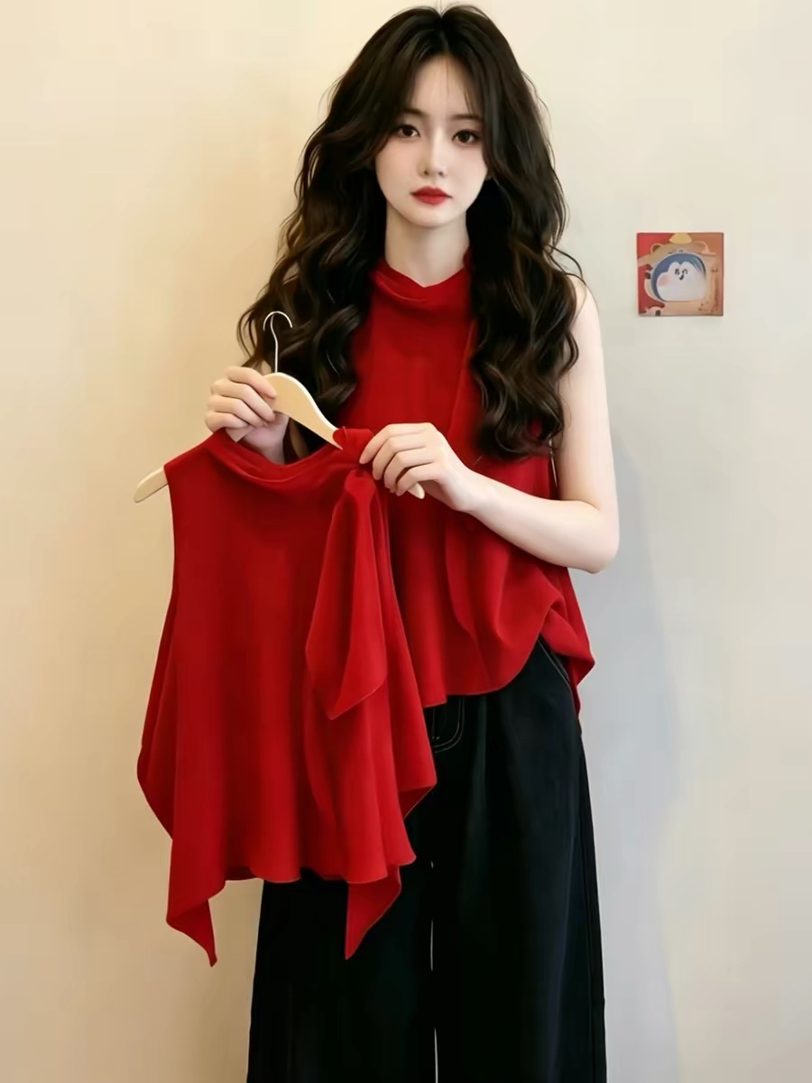 Red Halter Ruffle Loose Cami Top for Women 2026 Summer Slimming Unique - Image 3