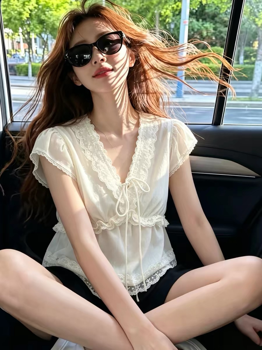 French Chiffon Short Sleeve Blouse for Women V Neck Lace Trim Slimming Fit Summer Top - Image 2