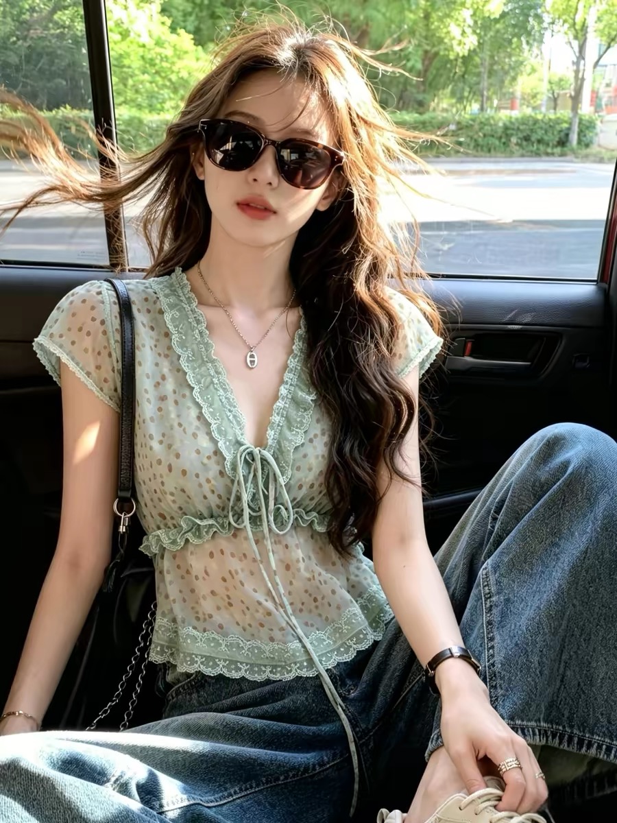 French Chiffon Short Sleeve Blouse for Women V Neck Lace Trim Slimming Fit Summer Top - Image 3