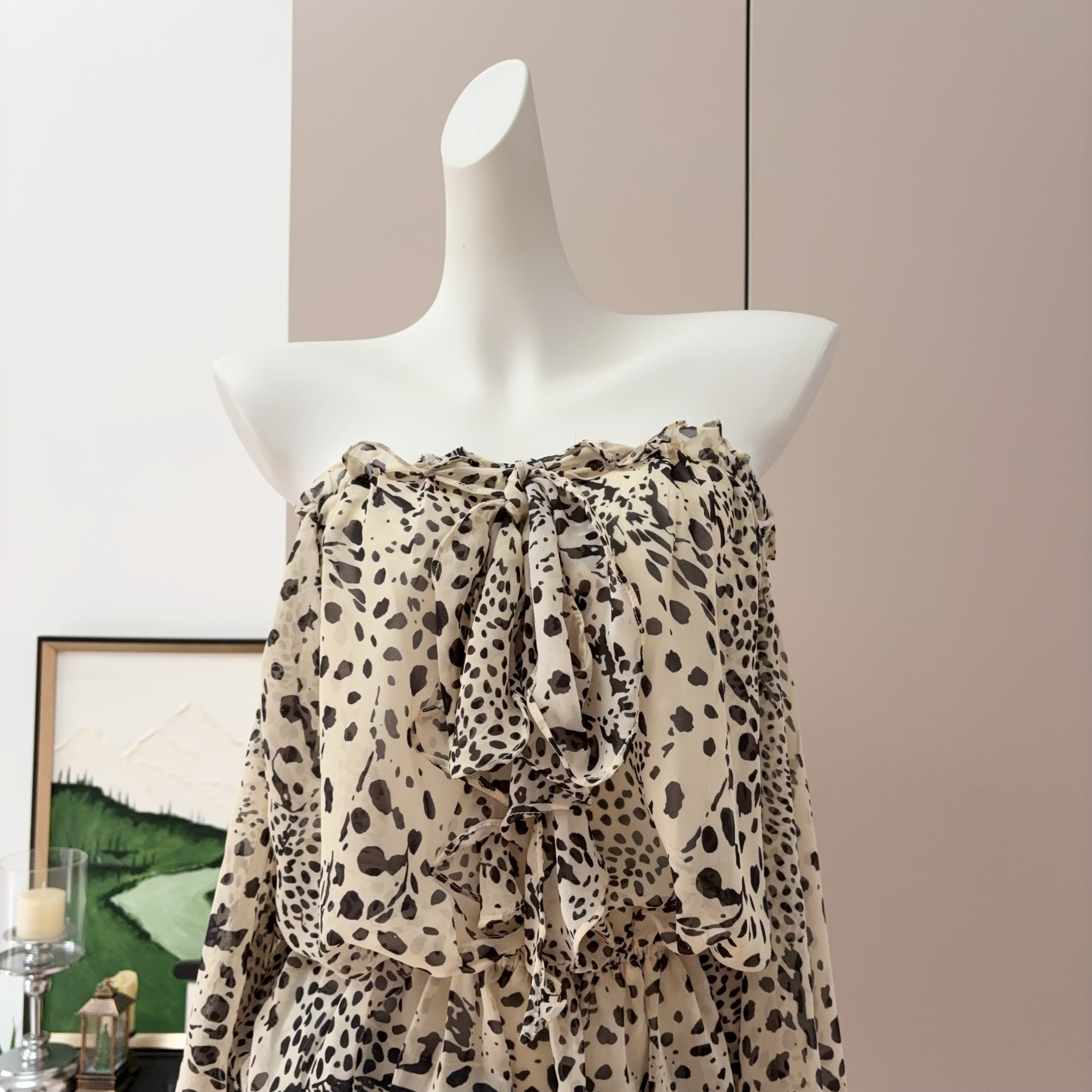 Leopard Print Chiffon Top Women 2026 Off-Shoulder Loose Slimming Long Sleeve Lightweight Sexy Design Top - Image 4