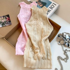 Women's Halter Neck Cutout Sleeveless Knit Tank Top Summer High Stretch Slim Fit Cropped Cami