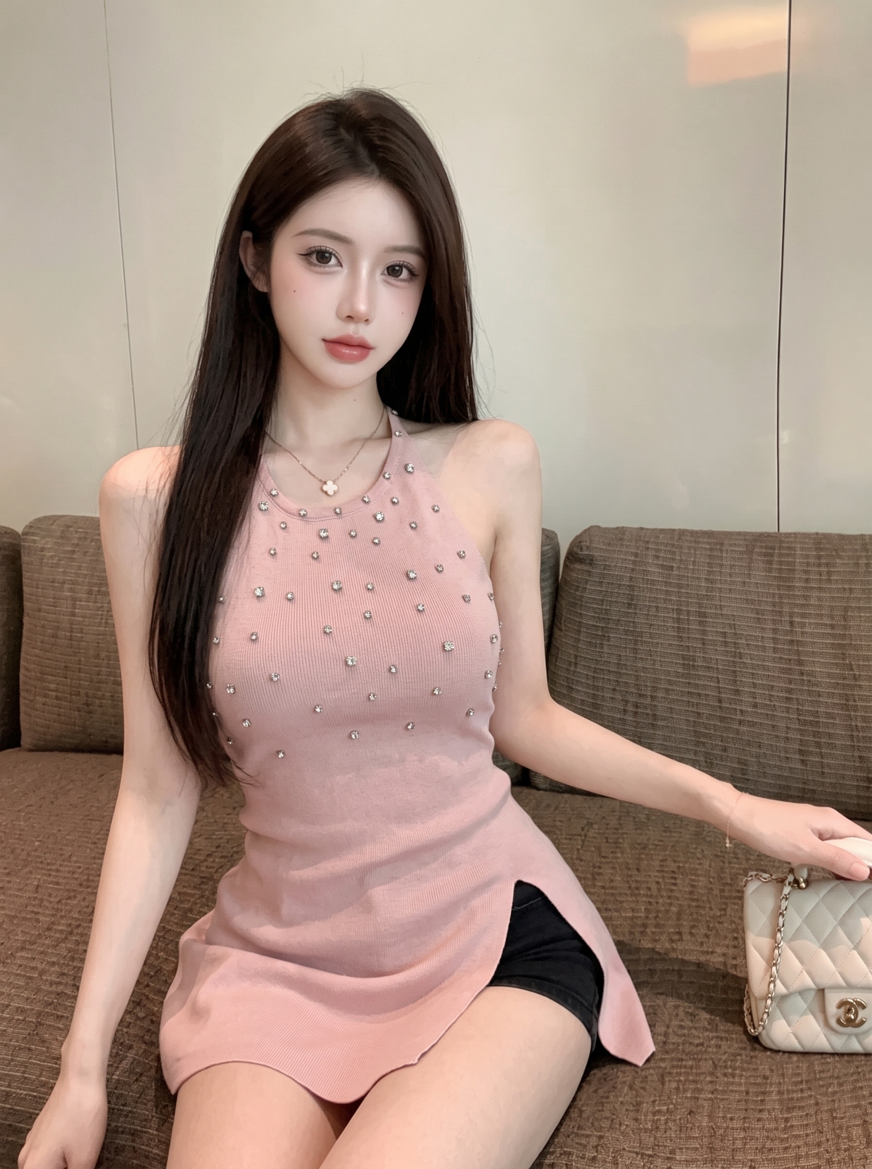 French Style Rhinestone Halter Knit Tank Top for Women Summer Split Waistcoat Sleeveless - Image 4