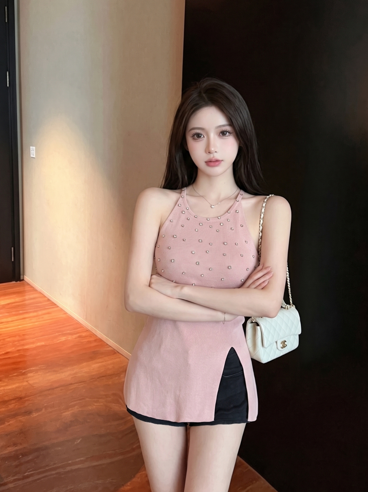French Style Rhinestone Halter Knit Tank Top for Women Summer Split Waistcoat Sleeveless - Image 2
