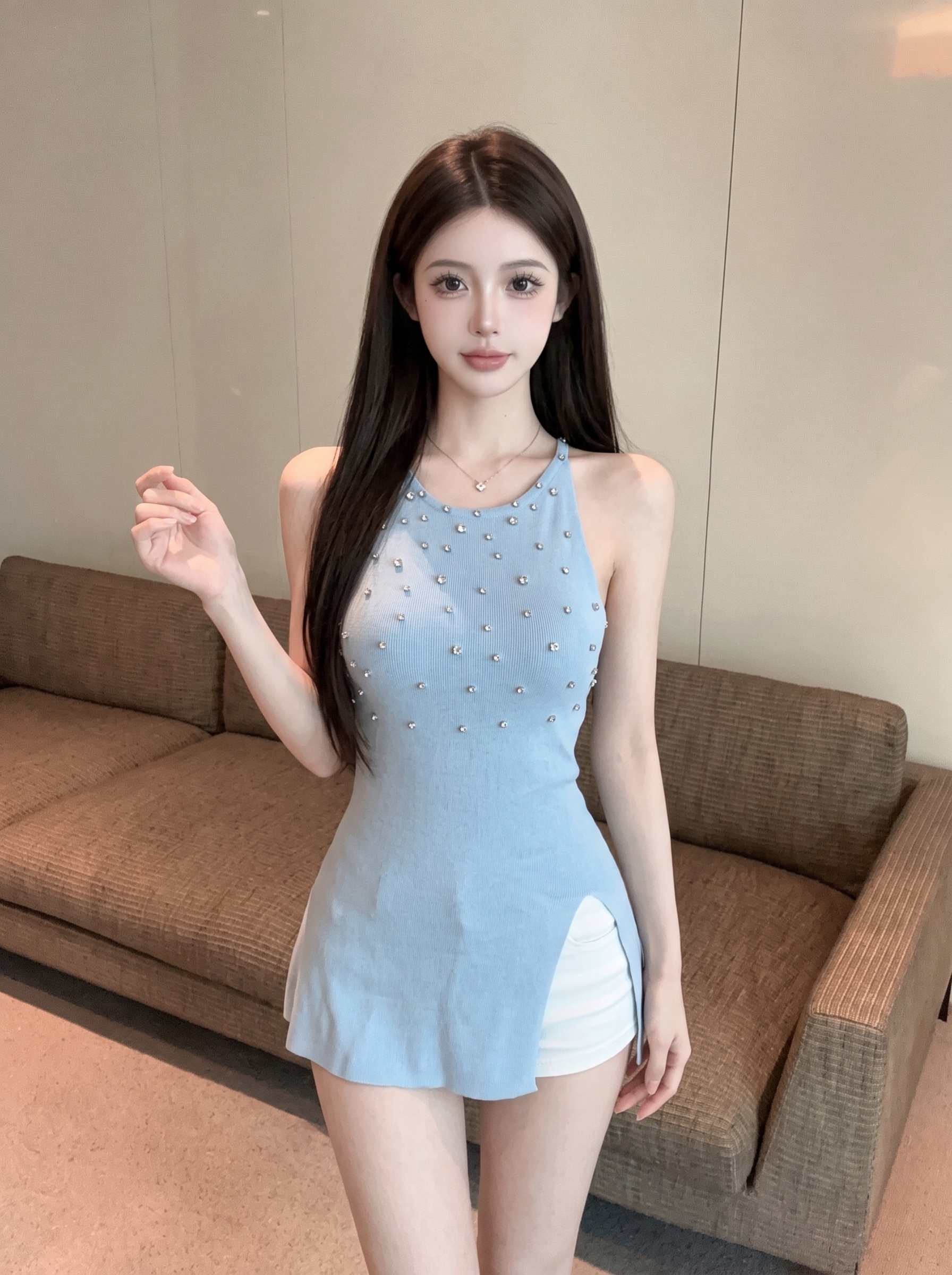 French Style Rhinestone Halter Knit Tank Top for Women Summer Split Waistcoat Sleeveless