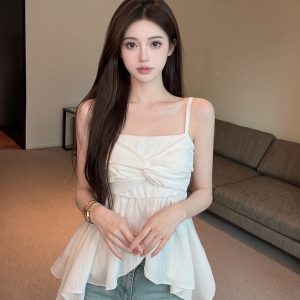 Summer Korean Style Irregular Ruffle Twist Cami Top Women Slim Fit