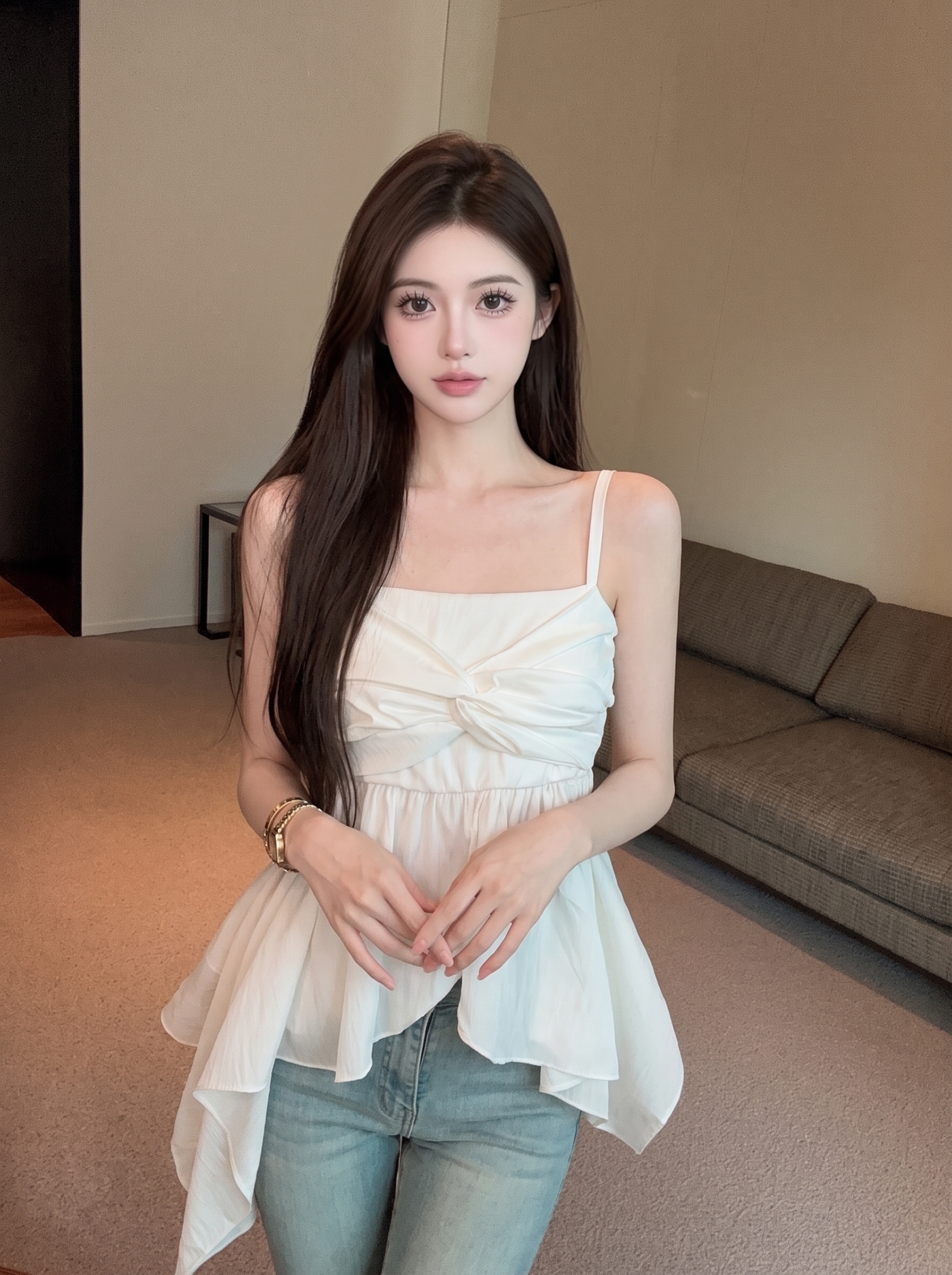 Summer Korean Style Irregular Ruffle Twist Cami Top Women Slim Fit