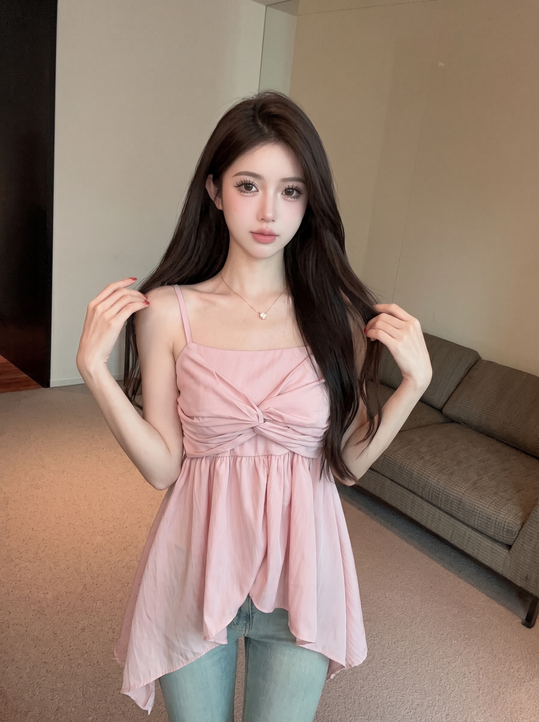Summer Korean Style Irregular Ruffle Twist Cami Top Women Slim Fit - Image 2
