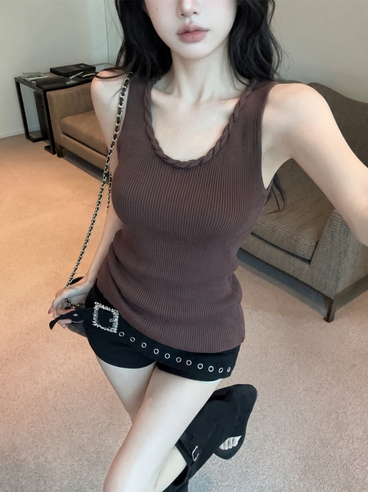 Women's Knotted Design Large Round Neck Knit Tank Top Simple Versatile Sleeveless Vest
