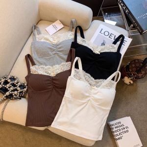 Women's Lace Trim Camisole Tank Top with Built-in Bra Pads Slimming Sexy Layering Top