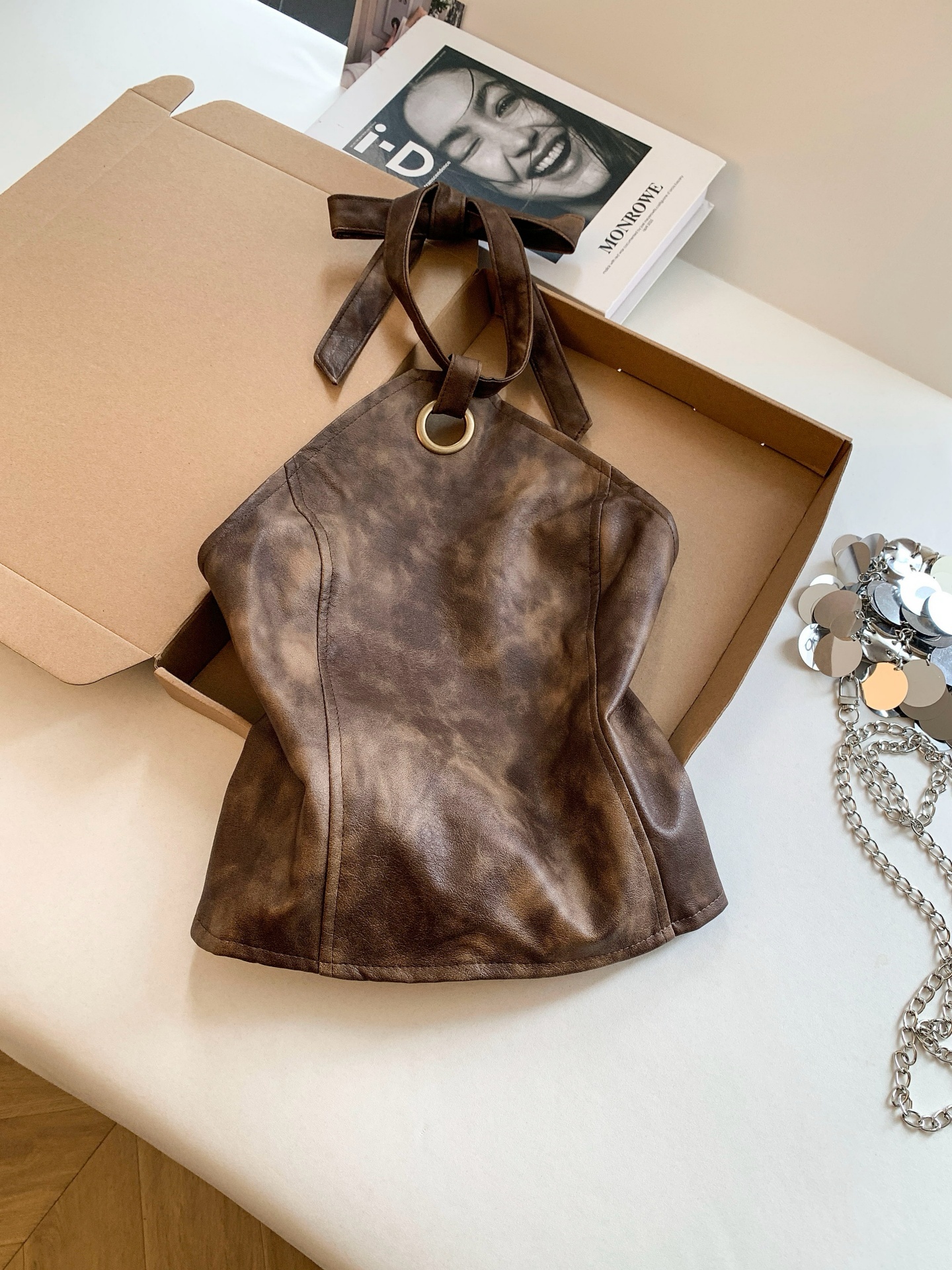 Women's Halter Neck PU Leather Sleeveless Backless Crop Cami Top Summer