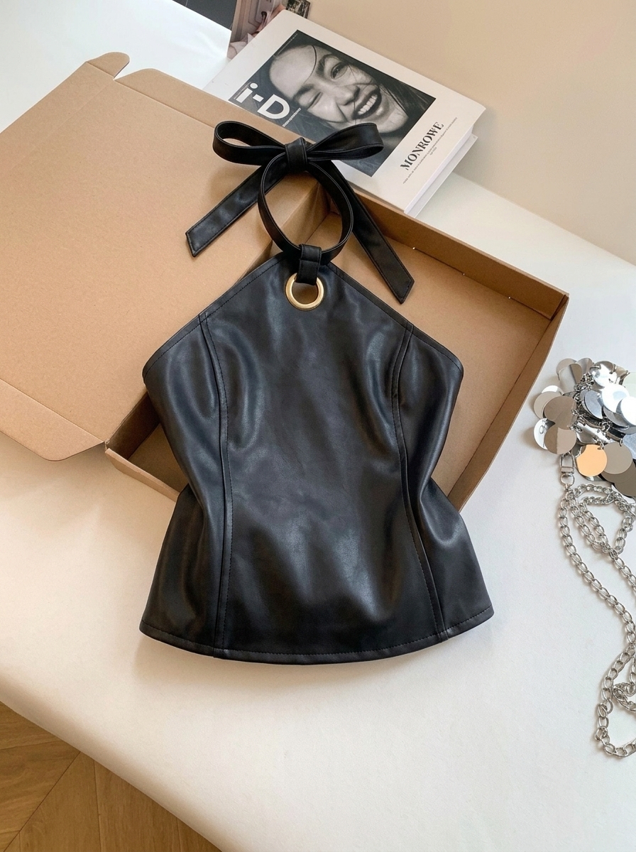 Women's Halter Neck PU Leather Sleeveless Backless Crop Cami Top Summer - Image 2