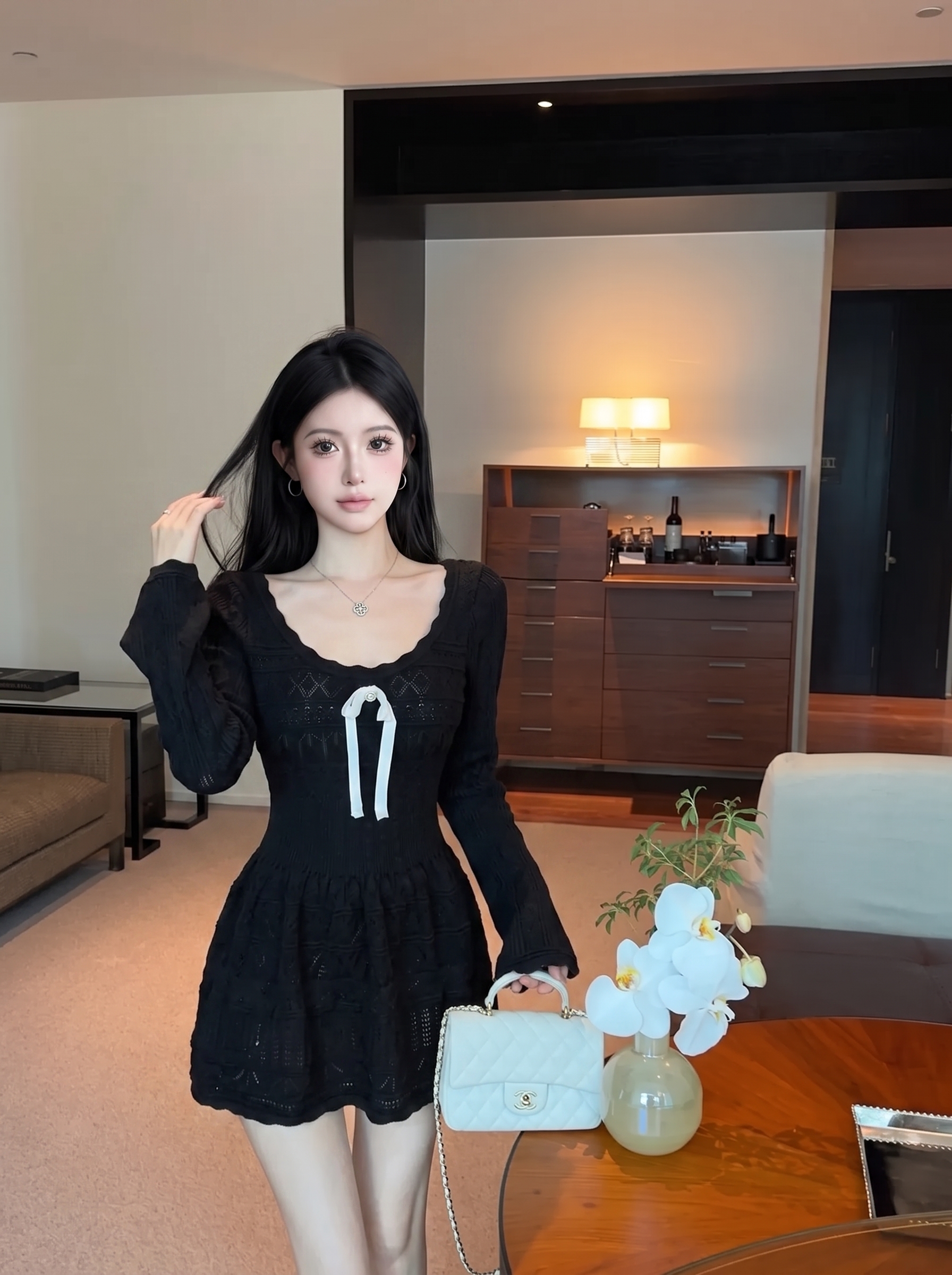 French Style Bow Knit Dress for Women Light Luxury Commuter A-Line Long Sleeve Fall 2026 - Image 4