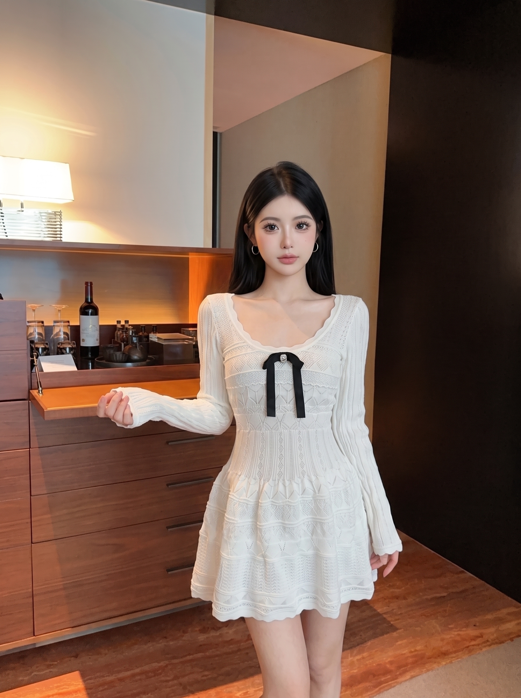 French Style Bow Knit Dress for Women Light Luxury Commuter A-Line Long Sleeve Fall 2026