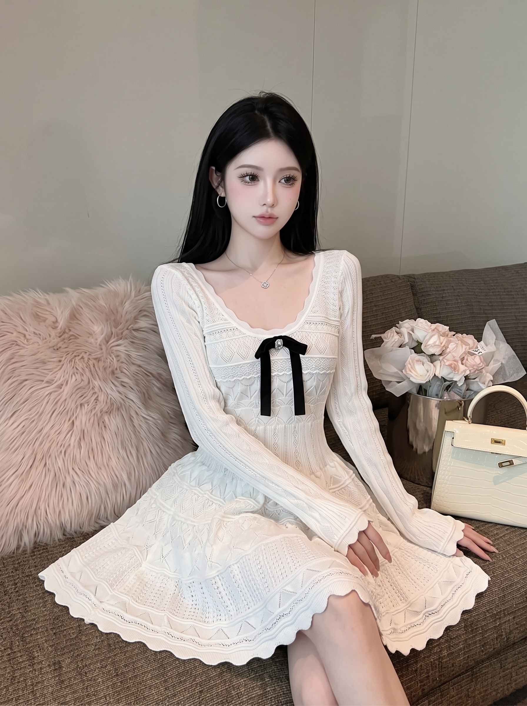 French Style Bow Knit Dress for Women Light Luxury Commuter A-Line Long Sleeve Fall 2026 - Image 3
