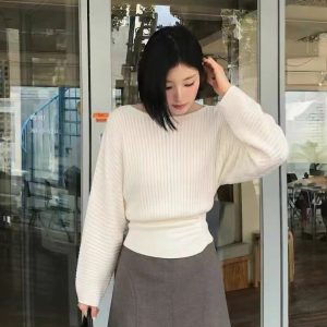 Off-Shoulder Knit Top for Women French Style Long Sleeve Autumn Pullover