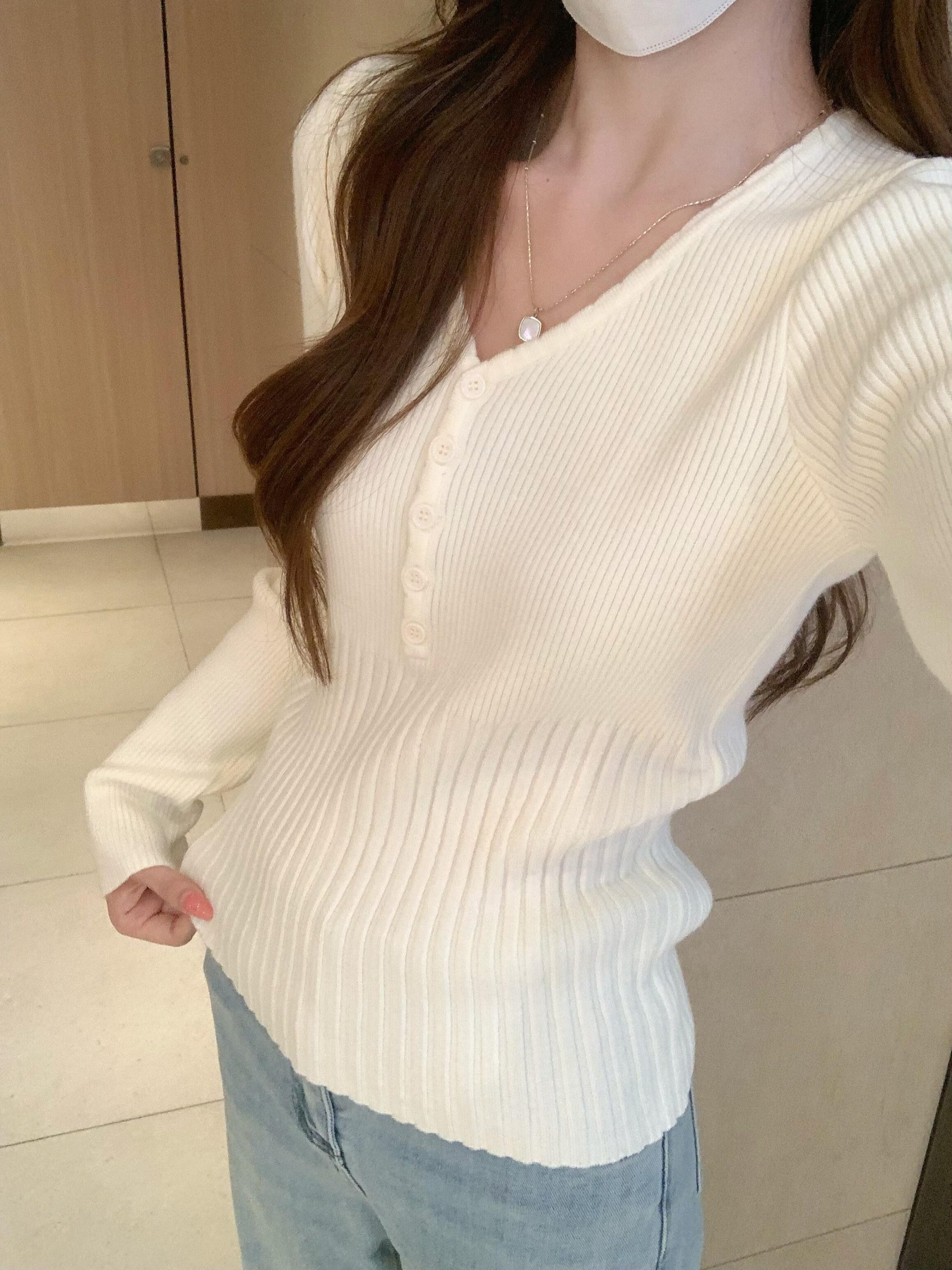 Women's Ribbed V-Neck Knit Base Layer Top Slim Waist Fall - Image 2