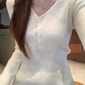 Women's Ribbed V-Neck Knit Base Layer Top Slim Waist Fall