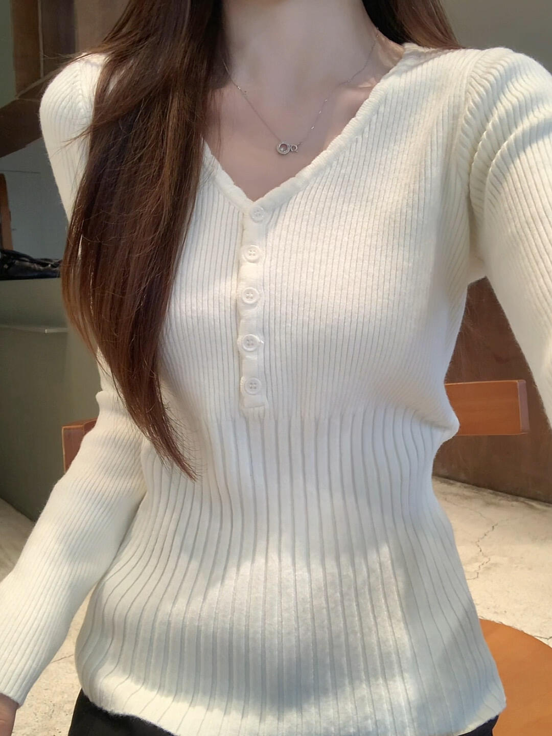 Women's Ribbed V-Neck Knit Base Layer Top Slim Waist Fall