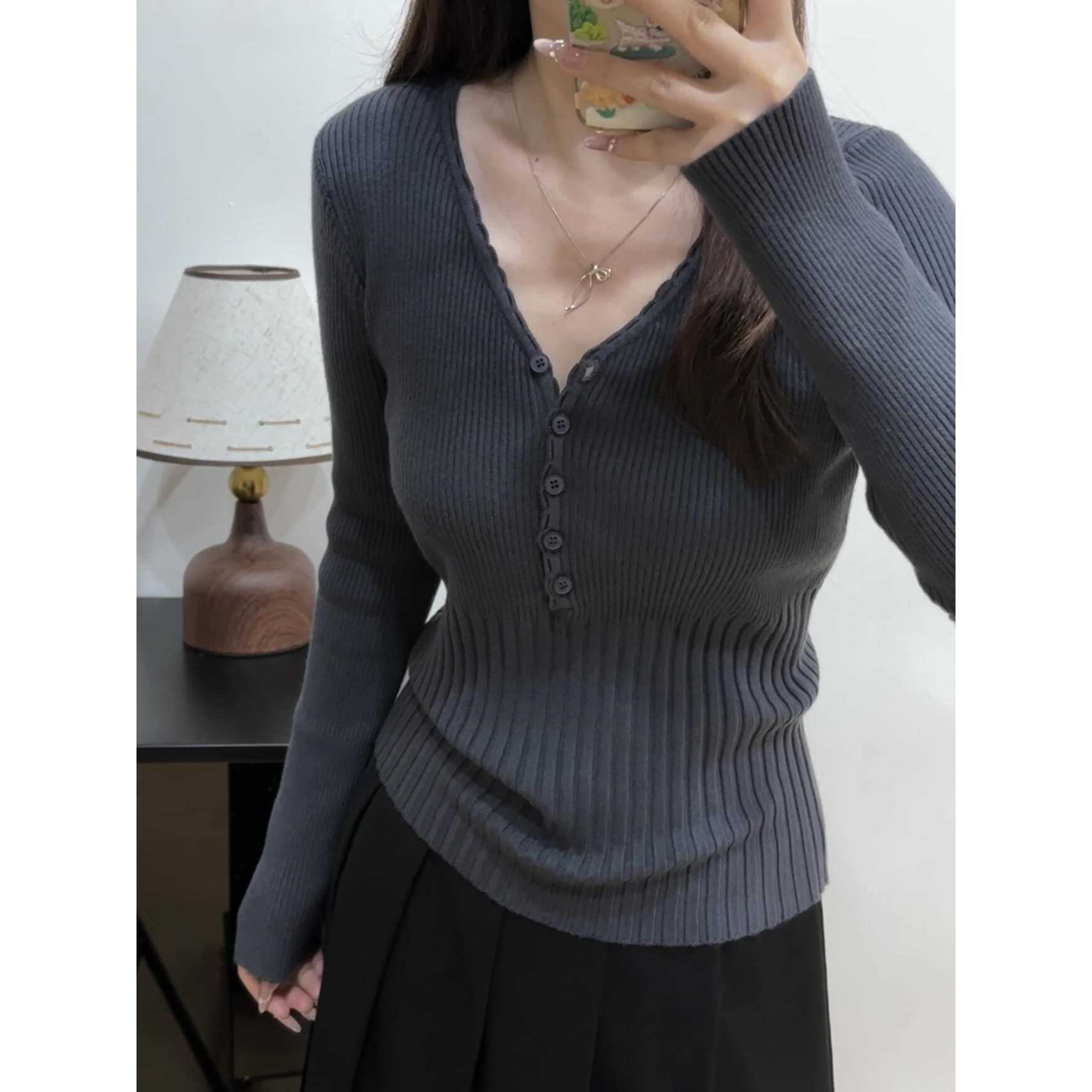Women's Ribbed V-Neck Knit Base Layer Top Slim Waist Fall - Image 5