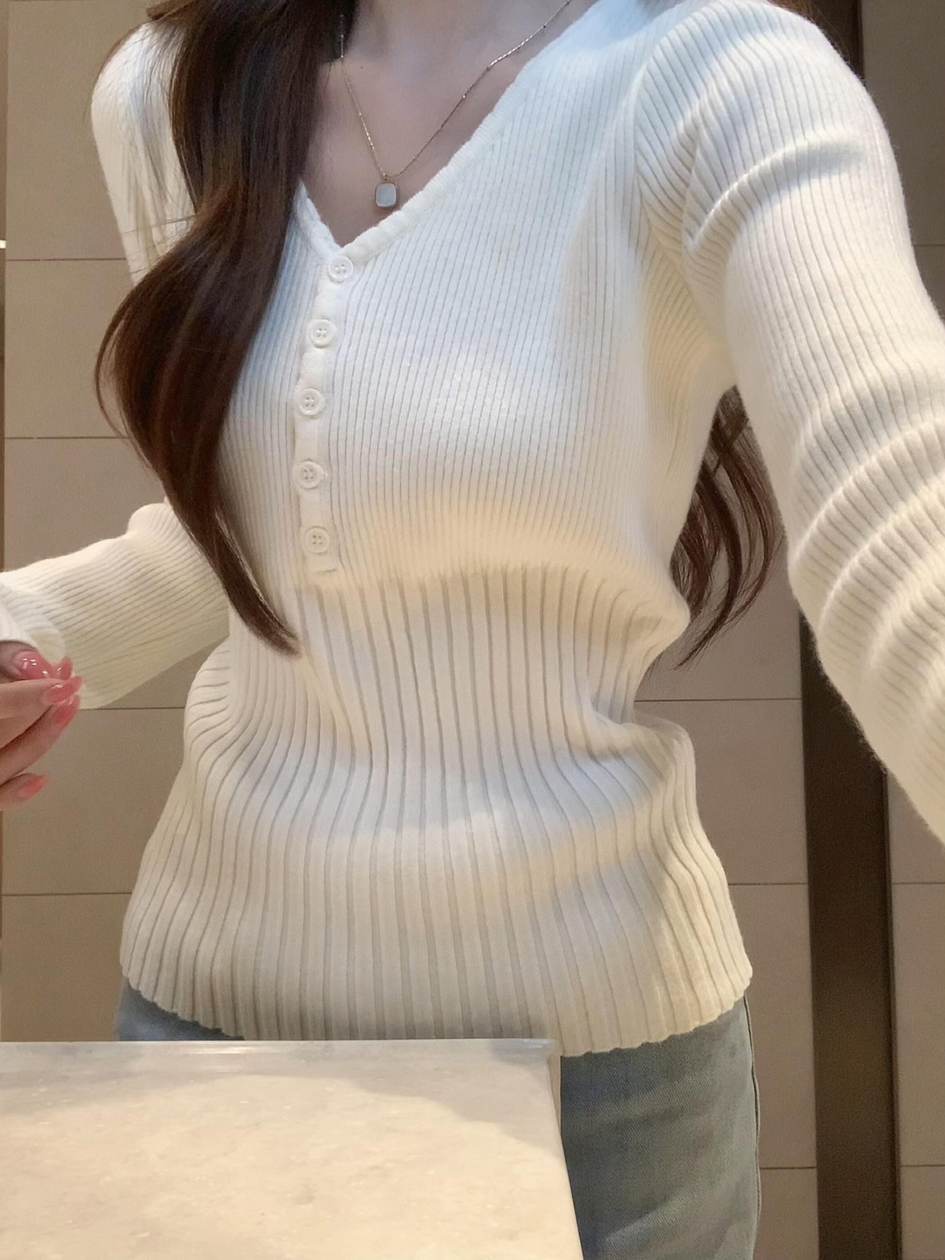 Women's Ribbed V-Neck Knit Base Layer Top Slim Waist Fall - Image 4