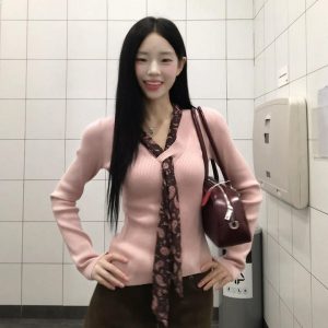 Lola V-Neck Polka Dot Ribbon Knit Sweater for Women Korean Style Fall Winter - Style 6d5c65