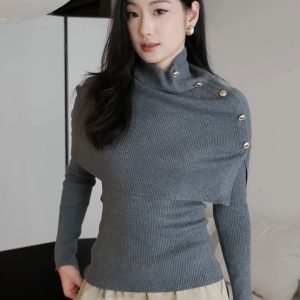 Women's Gray Two-Piece Knit Sweater Set with Irregular Cape